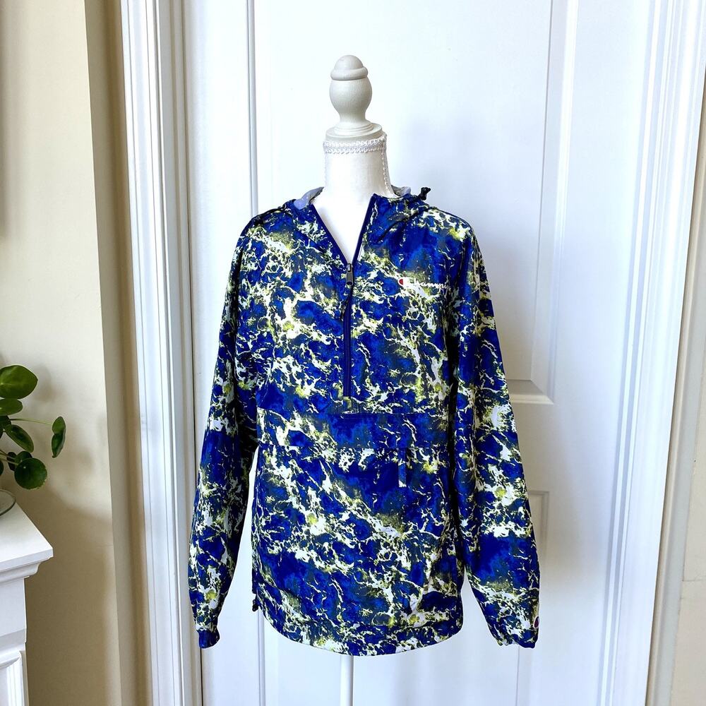 Packable Windbreaker Pullover Jacket Champion Marbled Electric Blue Green Sz S
